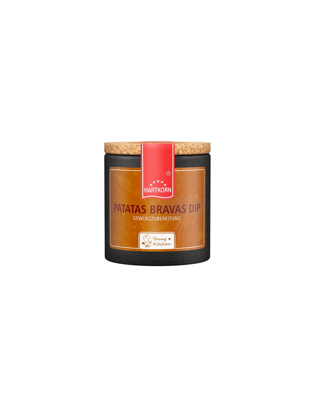 Patatas Brava Dip spice in a stylish dark jar with a cork lid and red label elegant seasoning for gourmet creations.