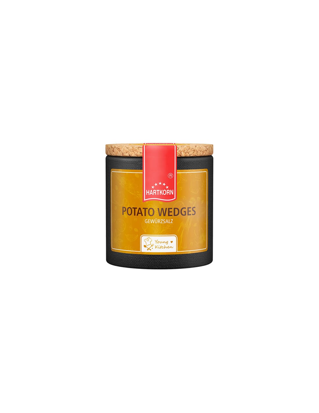 Potato Wedges spice in a stylish dark jar with a cork lid and red label elegant seasoning for gourmet creations.
