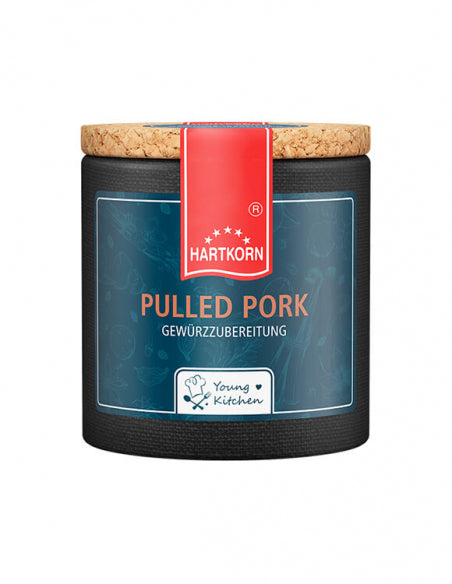 Pulled Pork spice in a stylish dark jar with a cork lid and red label elegant seasoning for gourmet creations.