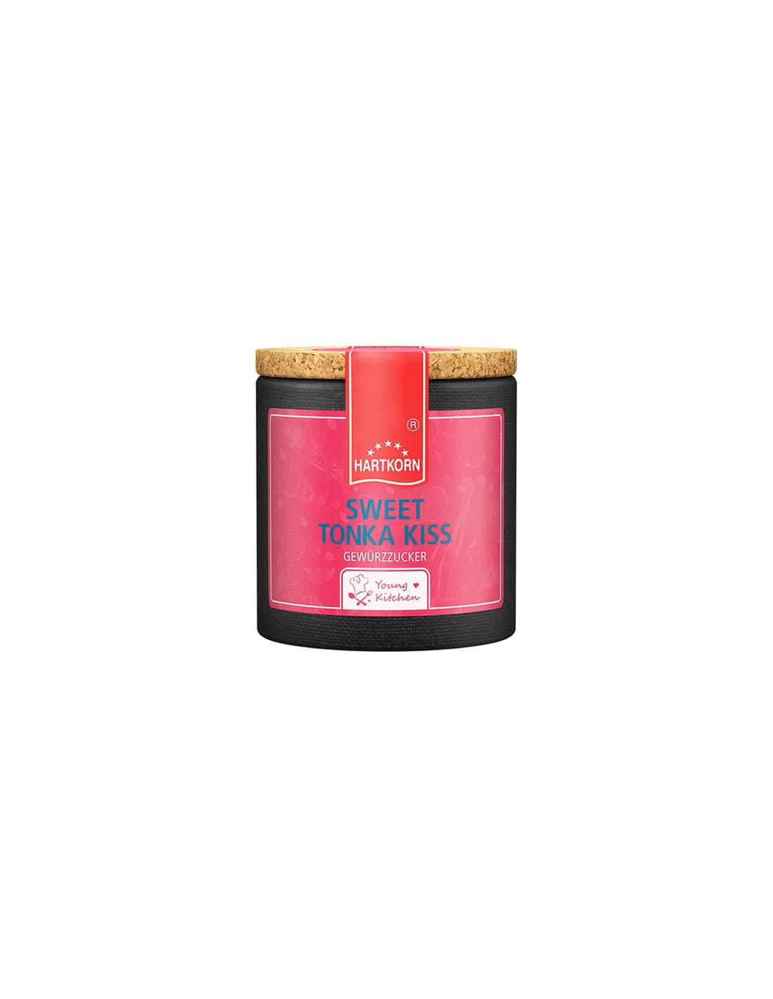 Sweet tonka kiss spice in a stylish dark jar with a cork lid and red label elegant seasoning for gourmet creations.