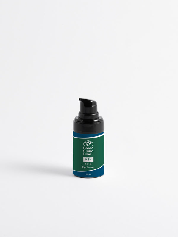 3-in-1 Men's Eye Cream in a black pump bottle with Green Cloud Nine Logo