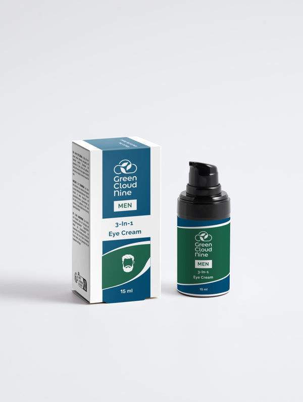 3-in-1 Men's Eye Cream  with box in a black pump bottle with Green Cloud Nine Logo