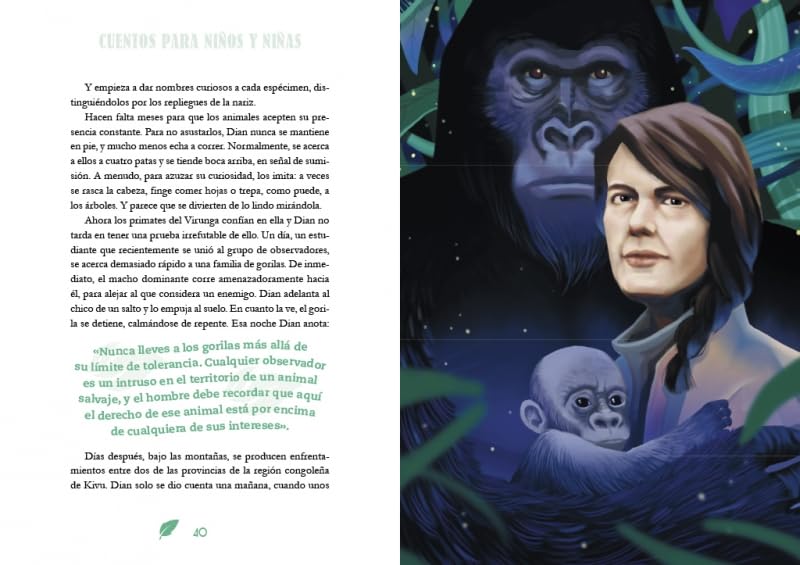 Illustrated book page with a gorilla, child, and text in Spanish