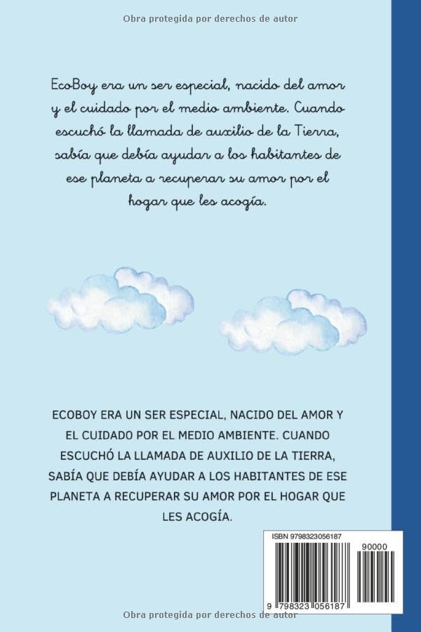 Back cover of a book with text and cloud illustrations on a blue background
