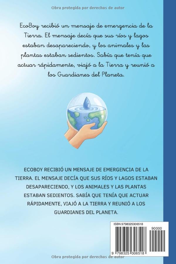 Back cover of a book with text and an illustration of a hand holding a globe on a blue background