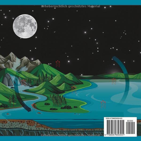 Illustrated landscape with mountains, lake, and moon at night
