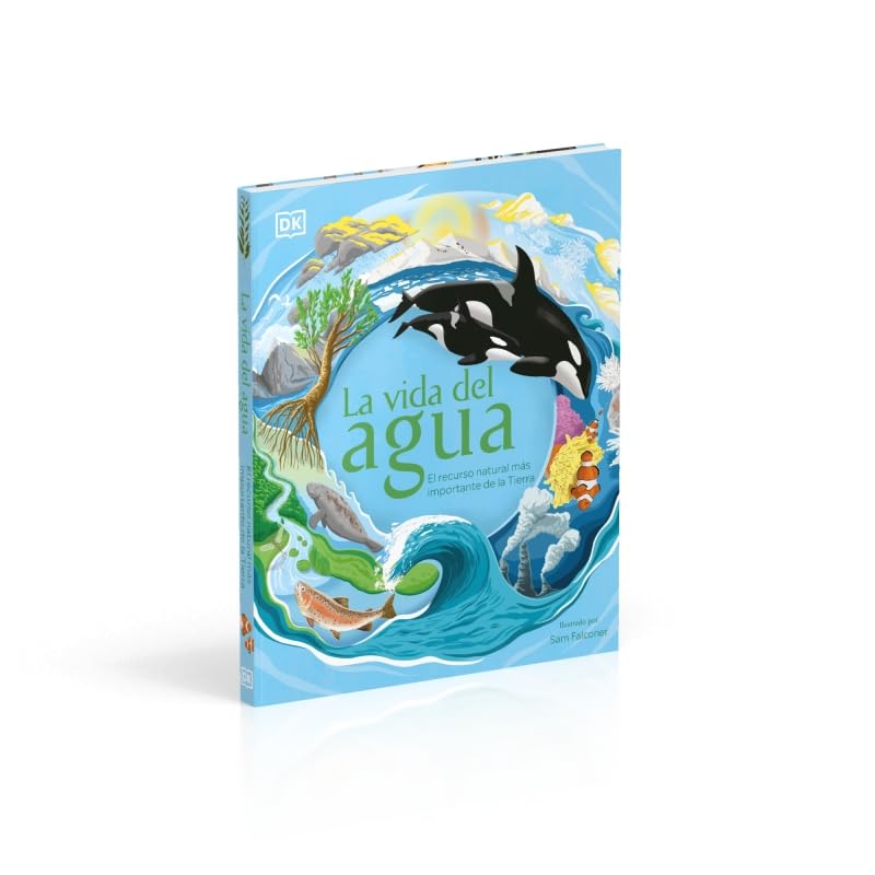 Book titled 'La vida del agua' with illustrations of marine life on a blue background