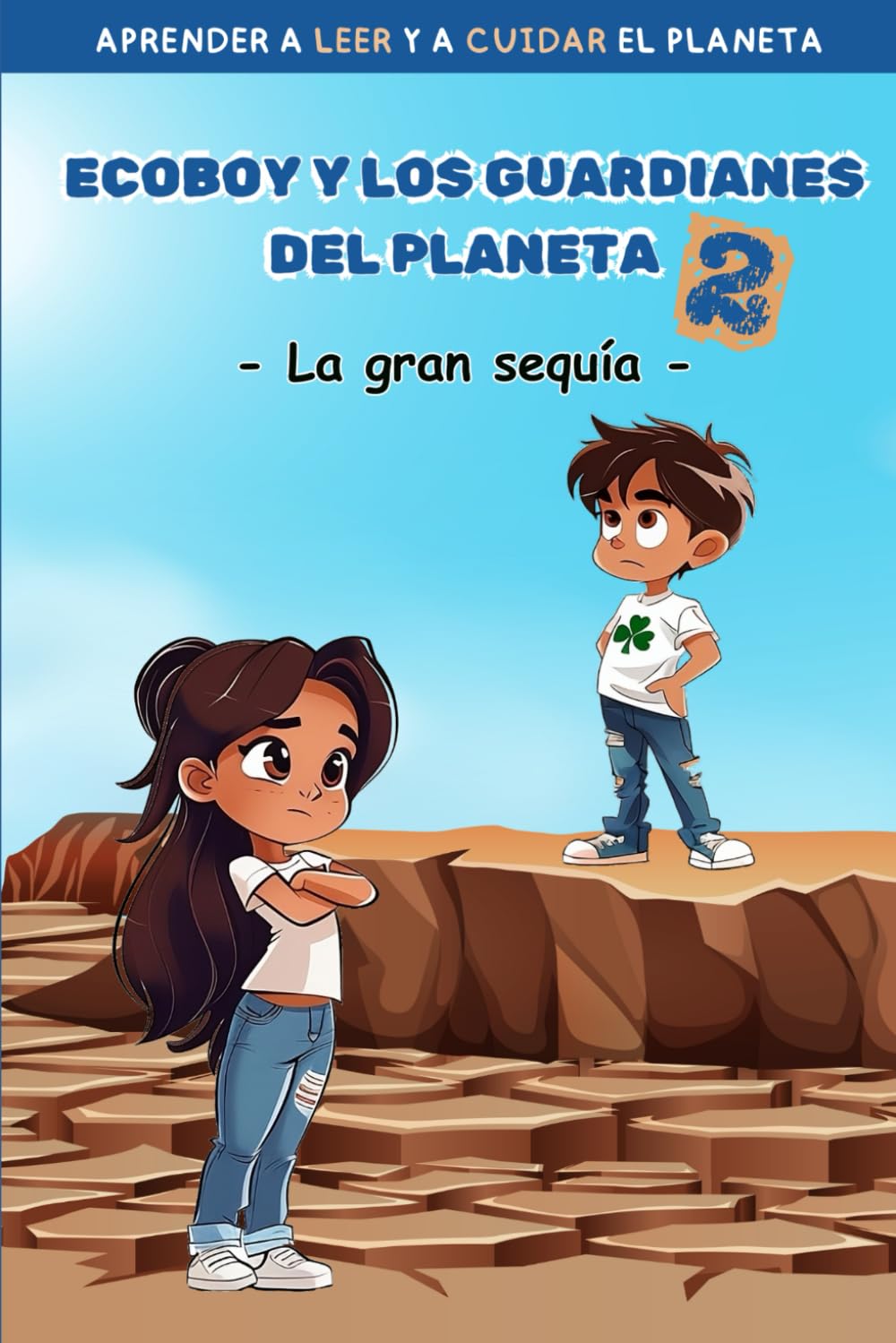 Book cover of 'Ecoboy y los Guardianes del Planeta 2' with two characters standing on a cracked earth background.
