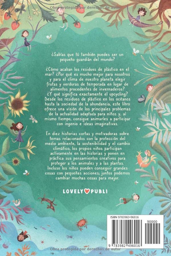 Back cover of a book with illustrations and text on a green background