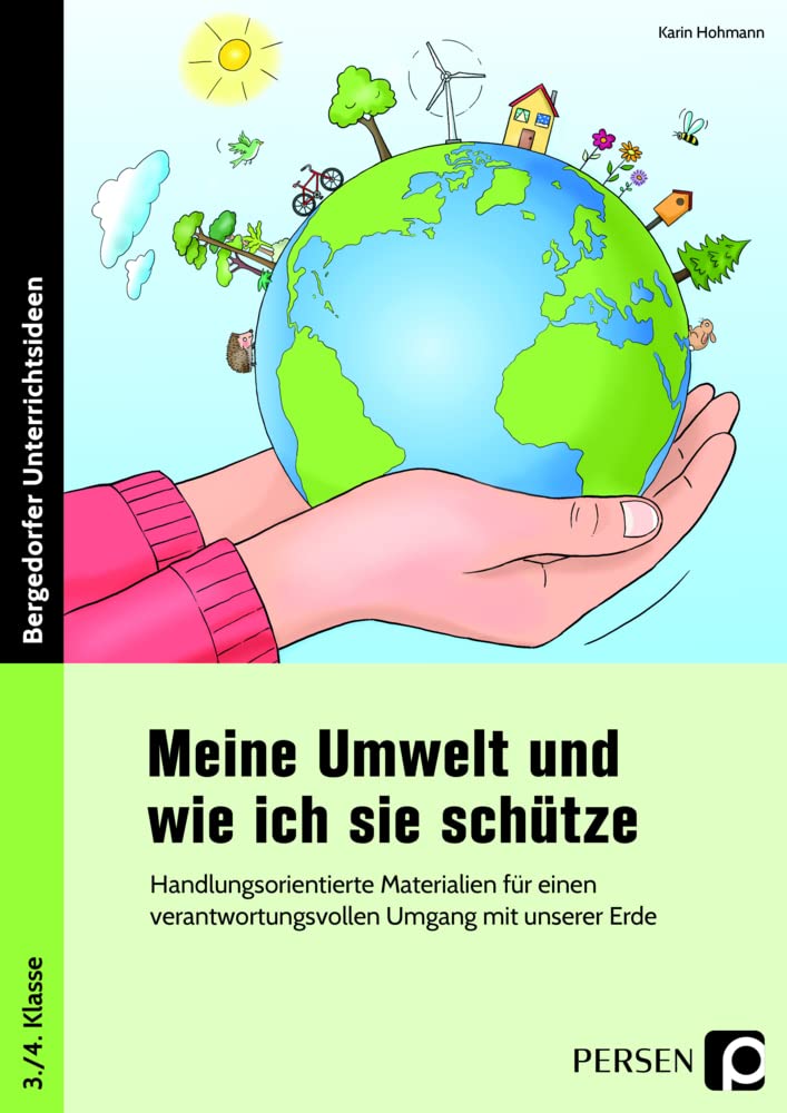 Book cover with a hand holding a green Earth, surrounded by environmental icons, on a blue background.