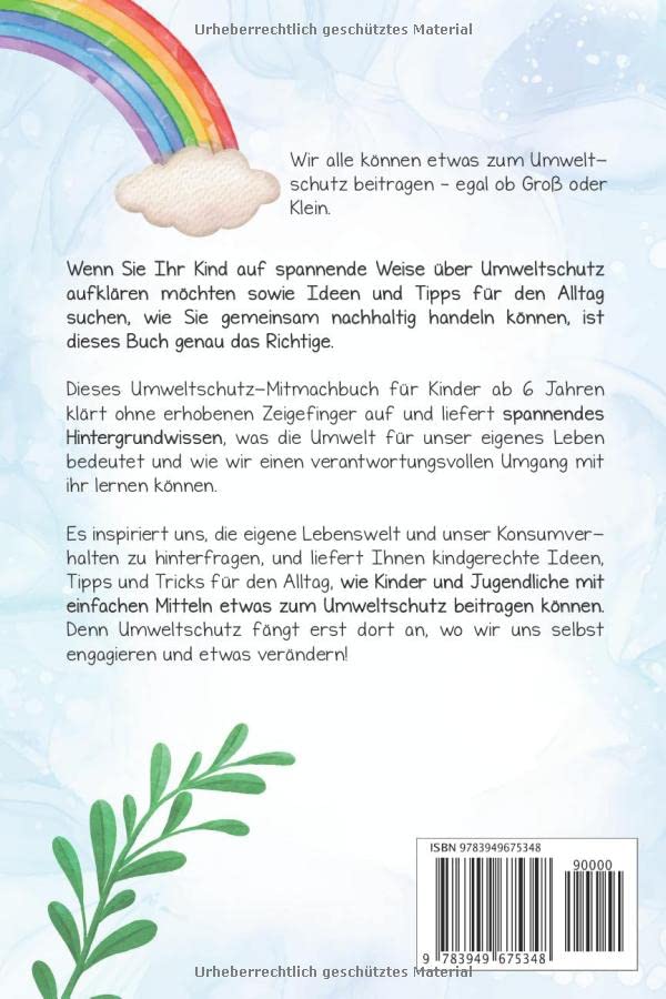 Back cover of a book with a rainbow, cloud, and green leaf design on a light blue background.