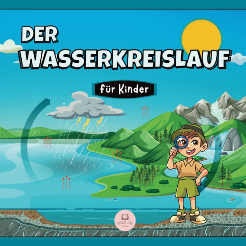 Book cover with a cartoon character and water cycle illustration, featuring German text.