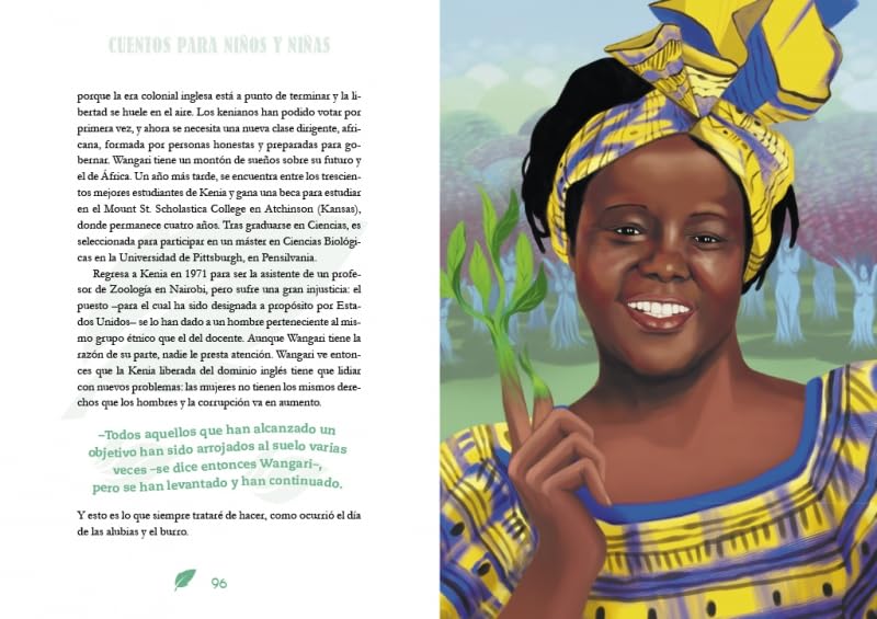 Illustration of a woman with a yellow headscarf and blue dress, holding a plant, on a book page.