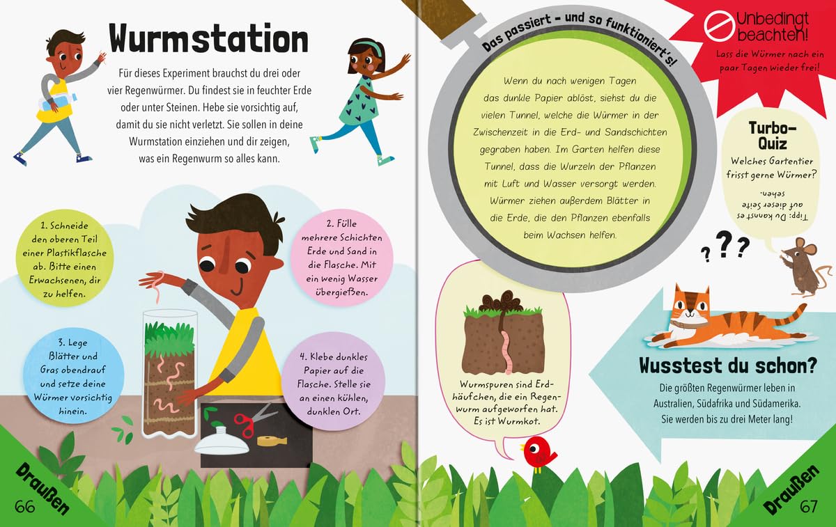 Children's book page with educational content about worms, including text and illustrations of a boy and animals.