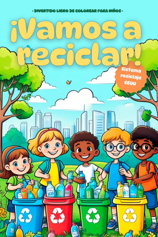 Book cover with children recycling bottles, colorful text, and a cityscape background.