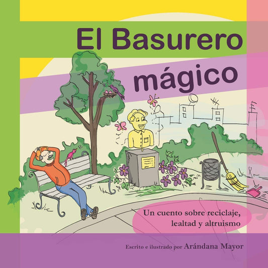 Book cover of 'El Basurero mógico' with colorful illustration of a park scene and characters.