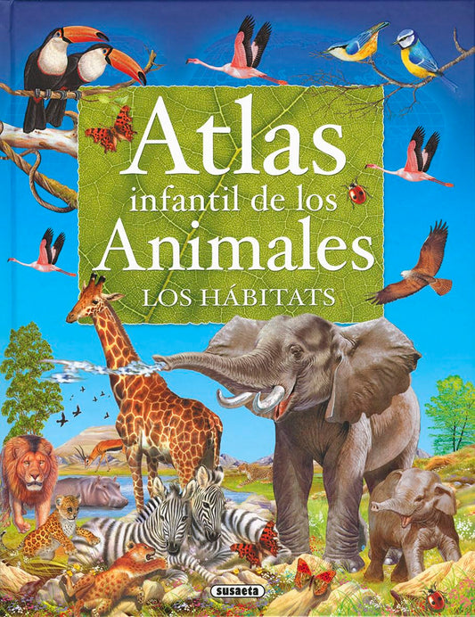 Book cover of 'Atlas infantil de los Animales' with illustrations of animals and habitats.