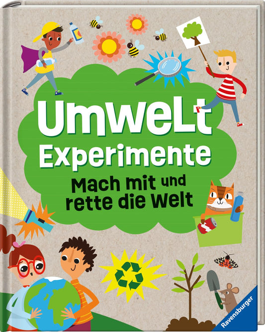 Children's book cover with illustrations of children and nature, featuring the title 'UmwelExperimente' on a beige background.