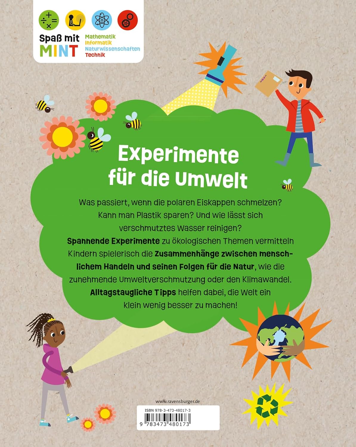 Book cover with illustrations of children and environmental elements, featuring text about experiments for the environment.