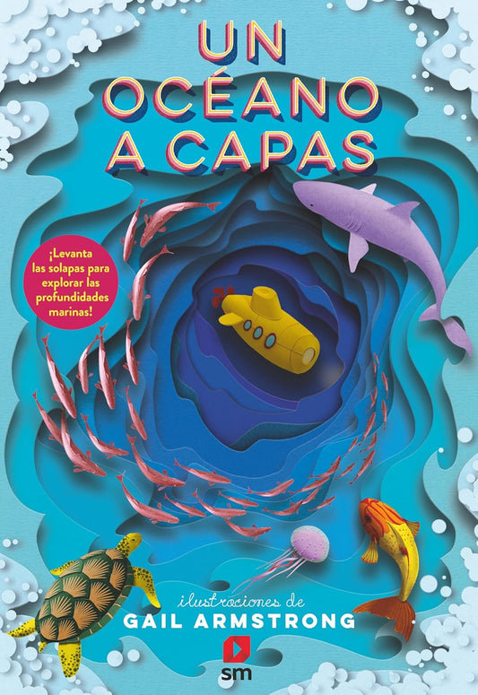 Book cover of 'Un Océano a Capas' with underwater scene, submarine, and fish.