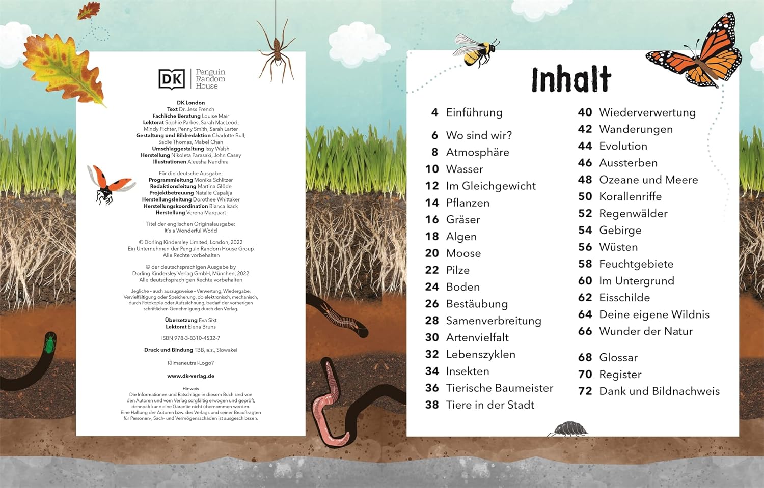 Two pages from a book with text and illustrations of insects and nature, set against a background of soil and plants.