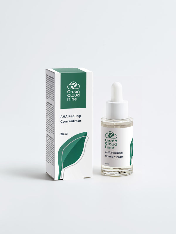 AHA Peeling Concentrate with box in a glass dropper bottle with Green Cloud Nine Logo