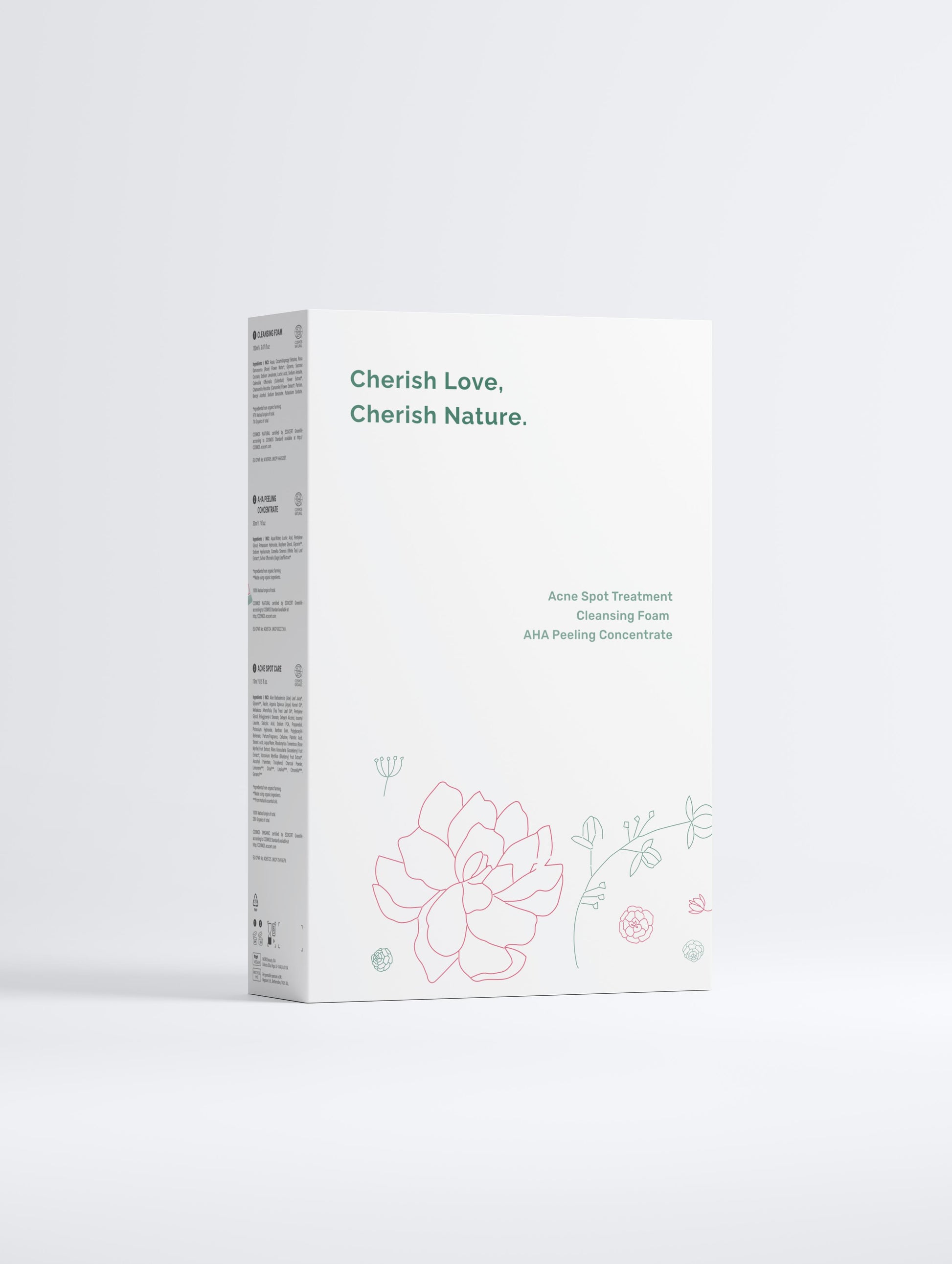 White Green Cloud Nine Acne Care Collection Box back with flower illustrations, on a white background