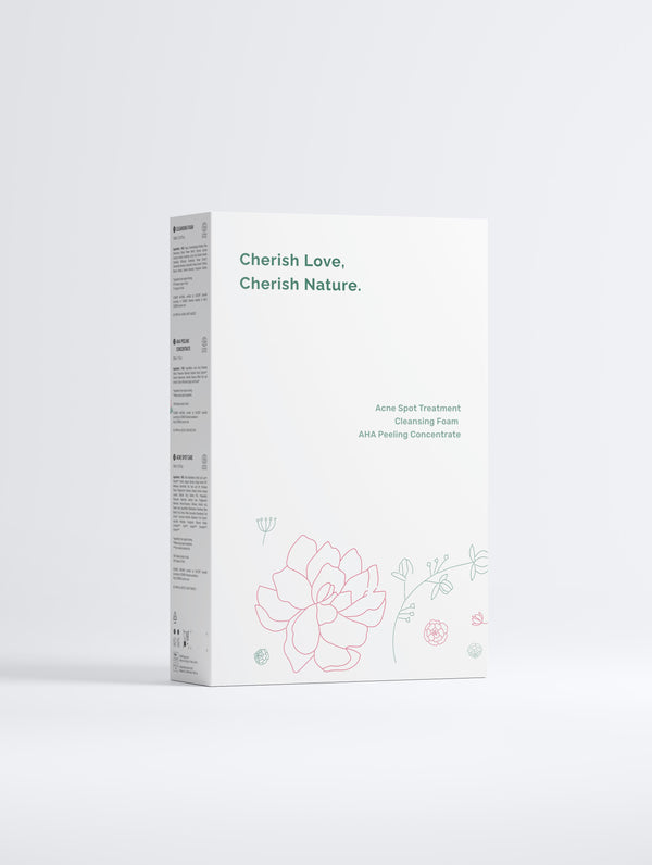 White Green Cloud Nine Acne Care Collection Box back with flower illustrations, on a white background