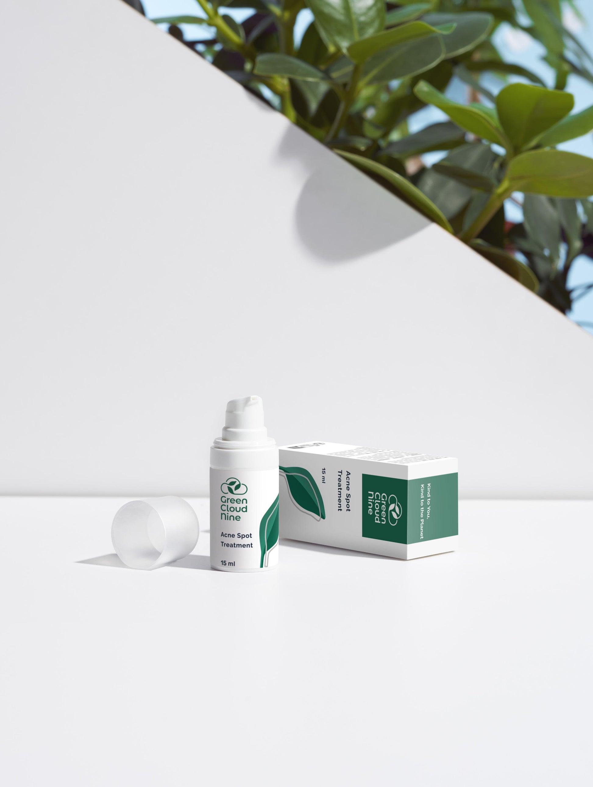 Acne Spot Treatment with Green Cloud Nine logo. White pump on a white background with plants