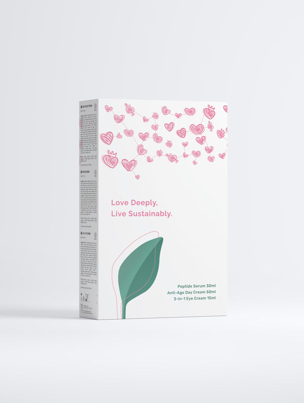 Product packaging with pink hearts and a green leaf on a white background