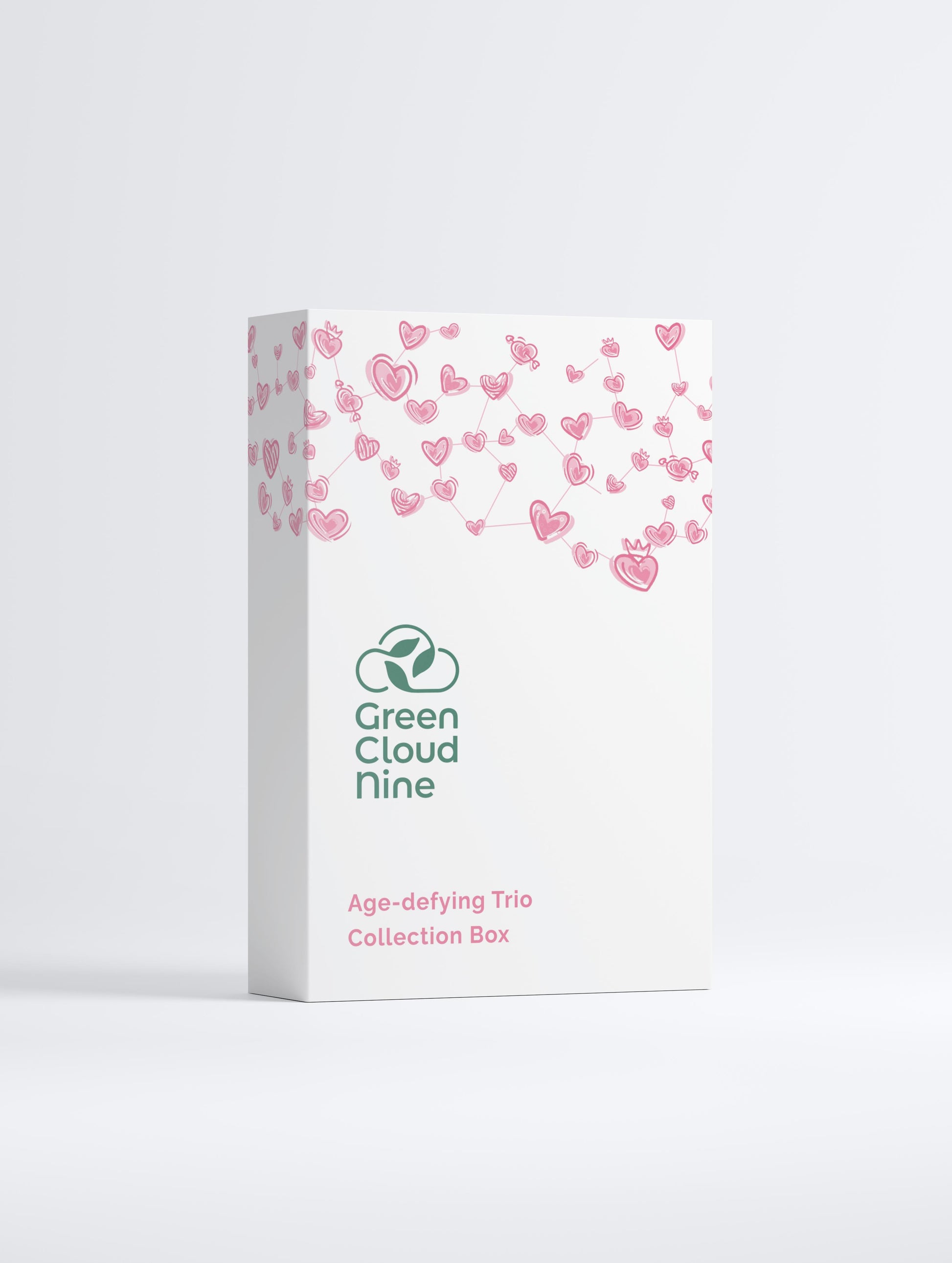 White box with pink heart designs and 'Green Cloud Nine' branding on a white background