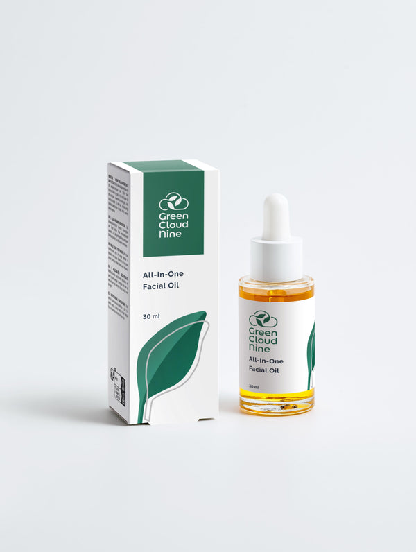All-In-One Facial Oil 30 ml with box in a glass dropper bottle with Green Cloud Nine Logo