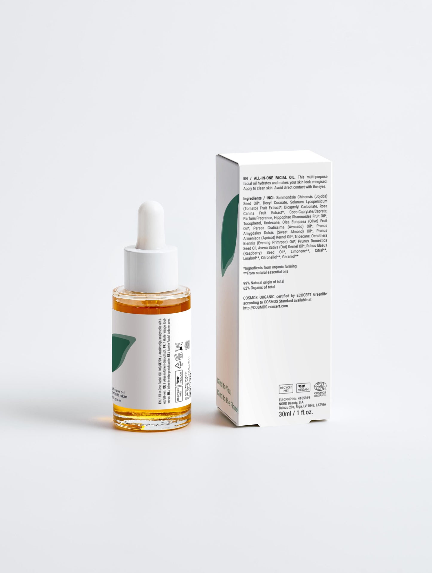 All-In-One Facial Oil 30 ml with box back in a glass dropper bottle with Green Cloud Nine Logo