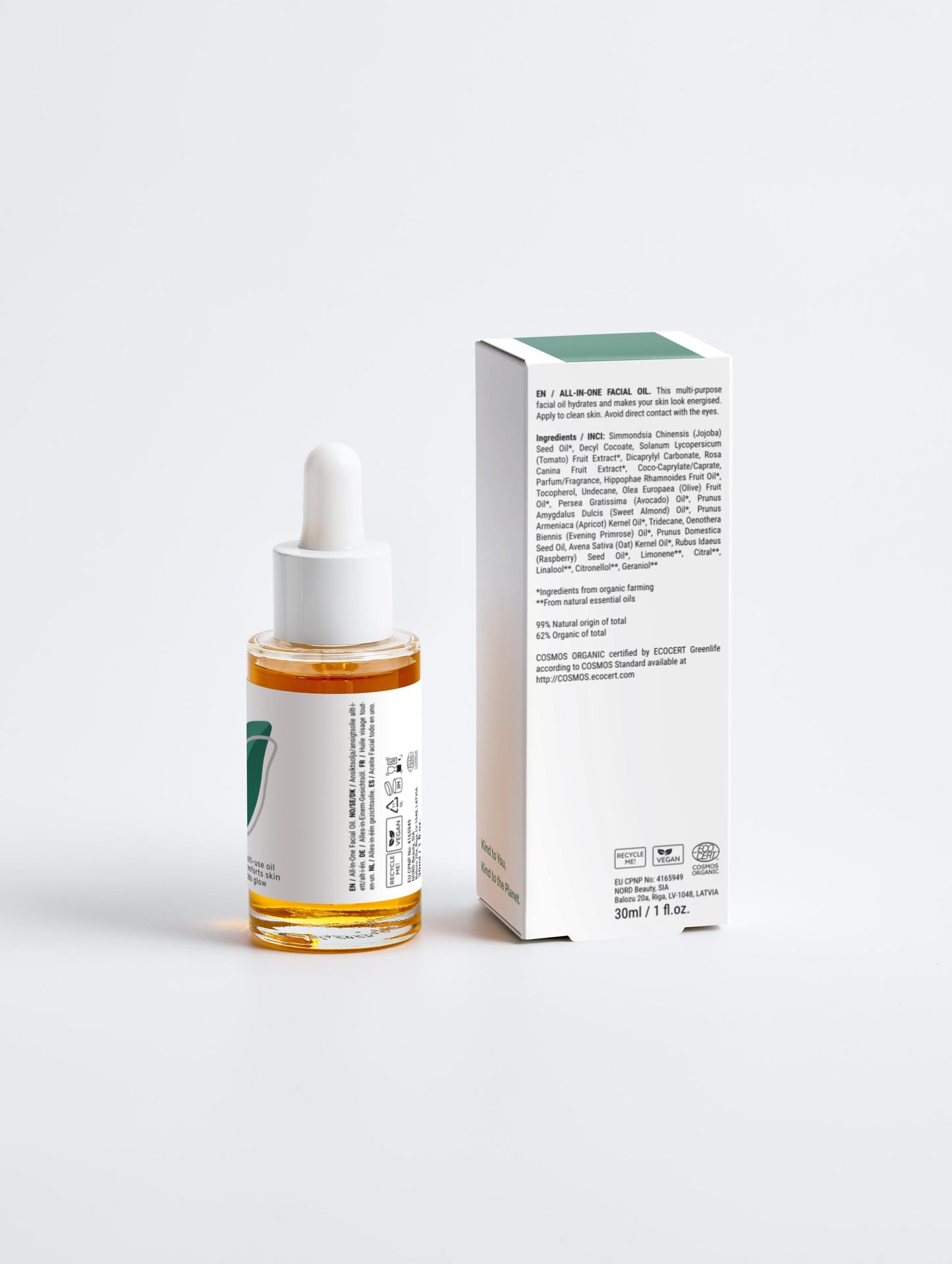 All-In-One Facial Oil 30 ml with box back in a glass dropper bottle with Green Cloud Nine Logo