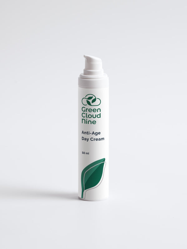 Anti-Age Day Cream 50ml in a white pump bottle with Green Cloud Nine Logo on a white background