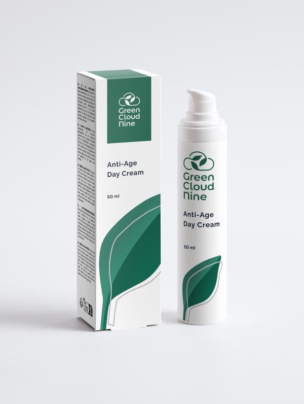 Anti-Age Day Cream with box in a white pump bottle with Green Cloud Nine Logo on a white background