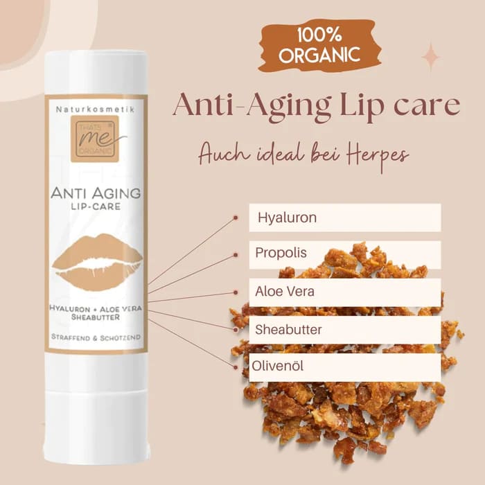 Organic lip balm with hyaluron, propolis, aloe vera & shea butter. 