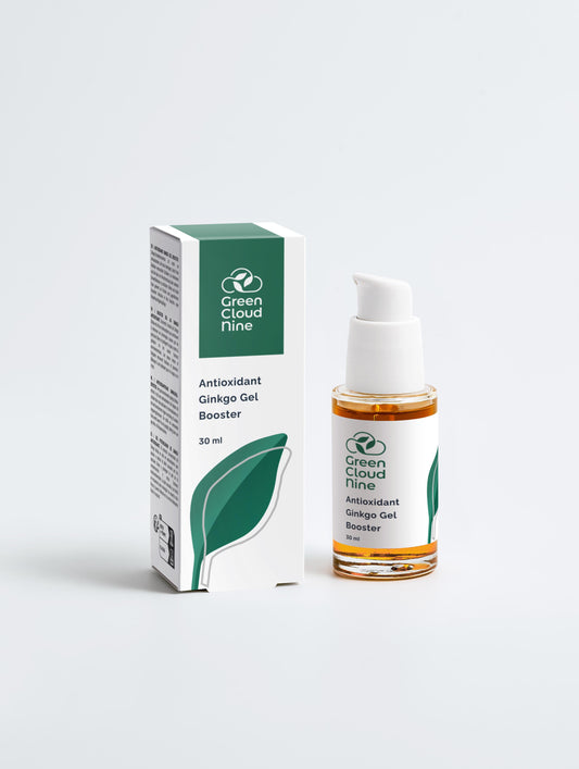 Antioxidant Ginkgo Gel Booster with box. White pump with Green Cloud Nine logo (front)