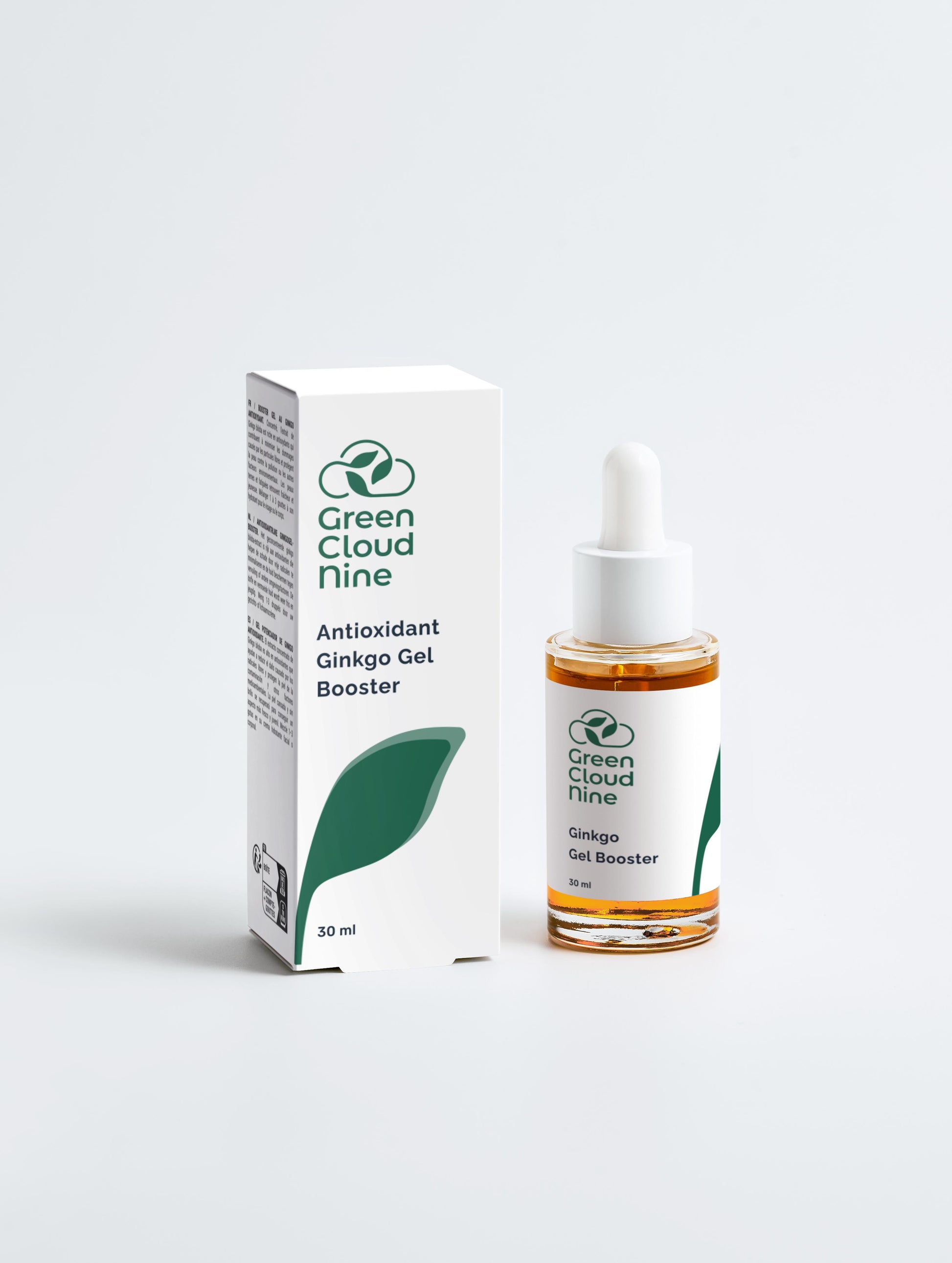 Antioxidant Ginkgo Gel Booster with box in a glass dropper bottle with Green Cloud Nine Logo