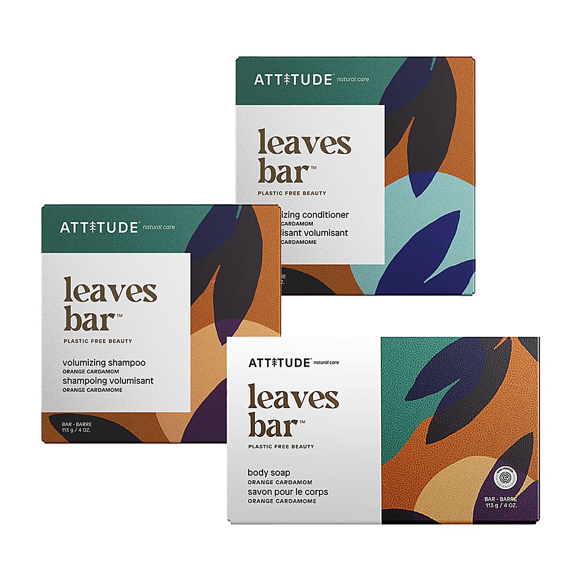 Plastic-free travel kit with shampoo, conditioner & soap bars in citrus-cardamom scent. (