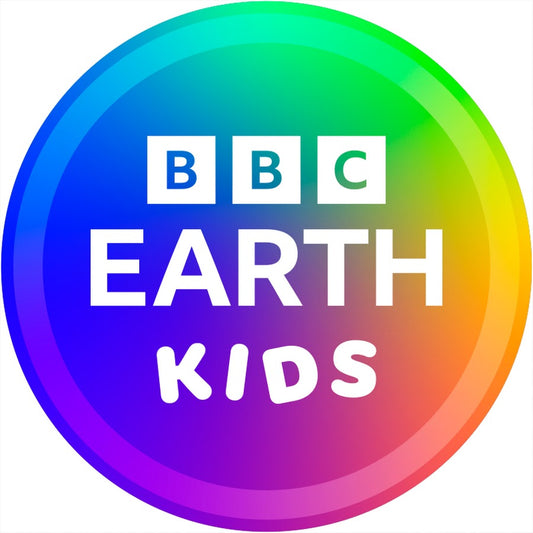BBC Earth Kids logo with a rainbow gradient background