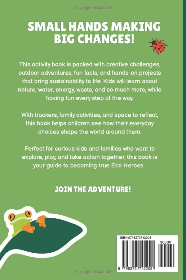 Back cover of the book with text and illustrations on a green background