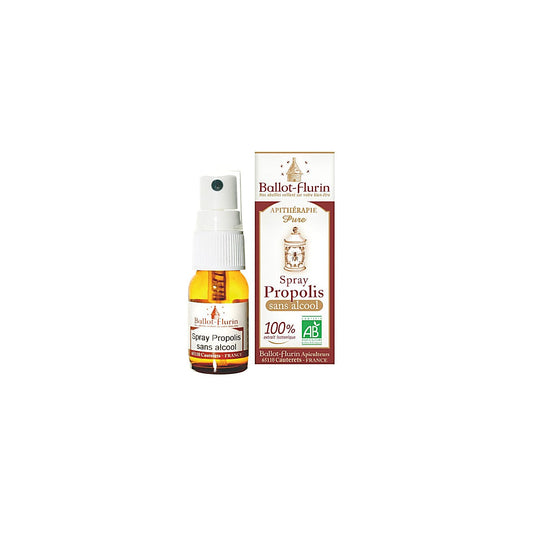 Ballot-Flurin propolis spray and box shown side by side. Natural, alcohol-free formula