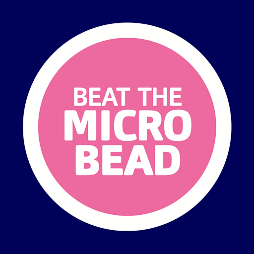 Pink circle with 'Beat the Micro Bead' text on a blue background