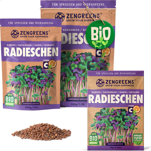Zengreens organic radish seeds for sprouts and microgreens in eco-friendly packaging, shown in multiple sizes.