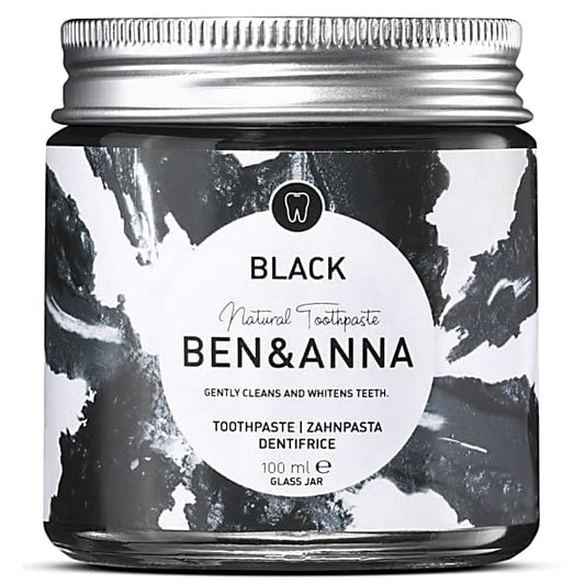 Ben & Anna Black Toothpaste in a 100ml glass jar naturally cleans and whitens without fluoride