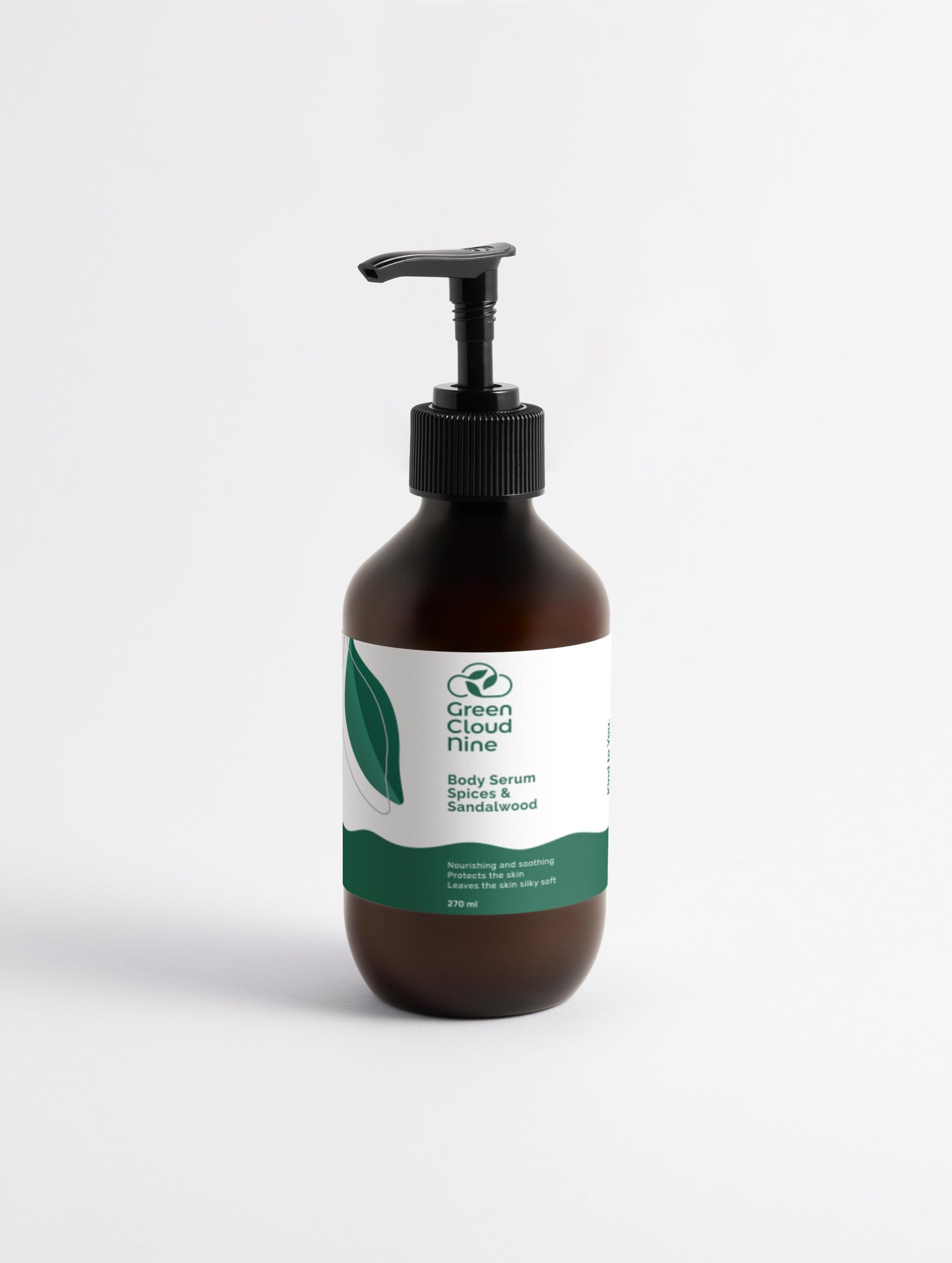 Body cream spices & sandalwood white label on a brown pump bottle with Green Cloud Nine logo