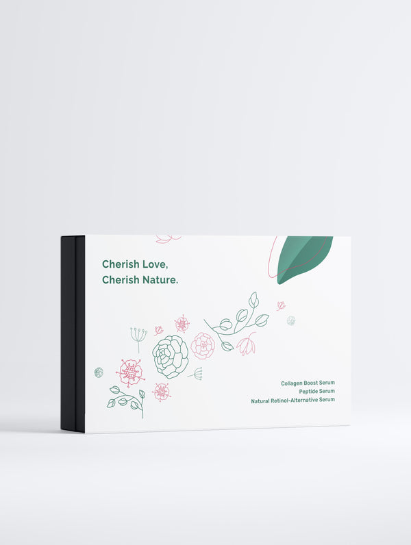 White product packaging Boost Serum Collection box back, with flowers illustrations, on a white background. 