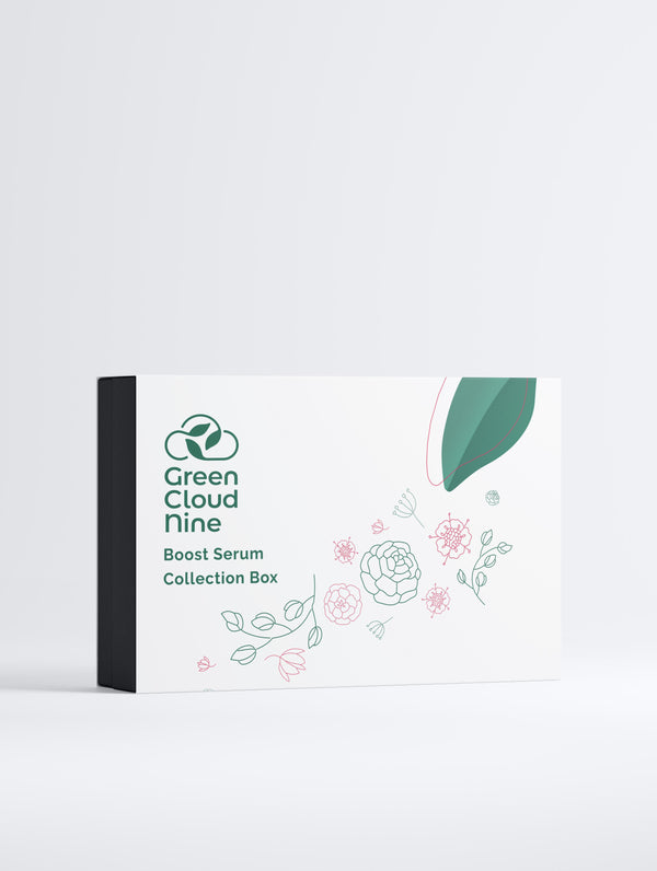 Green Cloud Nine Boost Serum Collection Box on a light gray background
