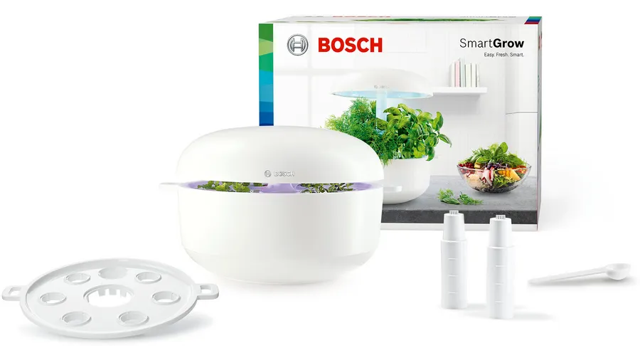 Bosch SmartGrow 6 set with unit, accessories, and packaging for effortless indoor herb growing.